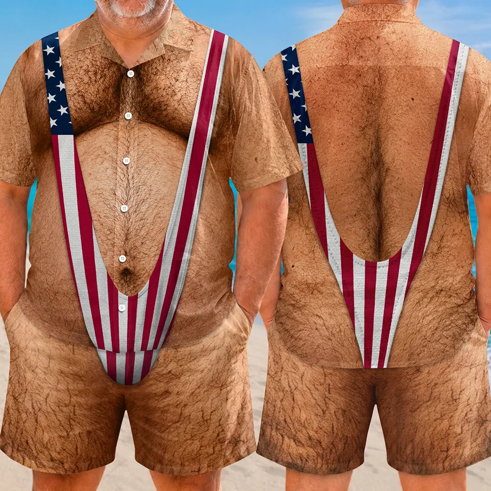 Summer, Gift For Men, Gift For Yourself, Humorous - Funny 3D Hairy Body Swimsuit - Personalized Hawaii Set Shirt And Shorts