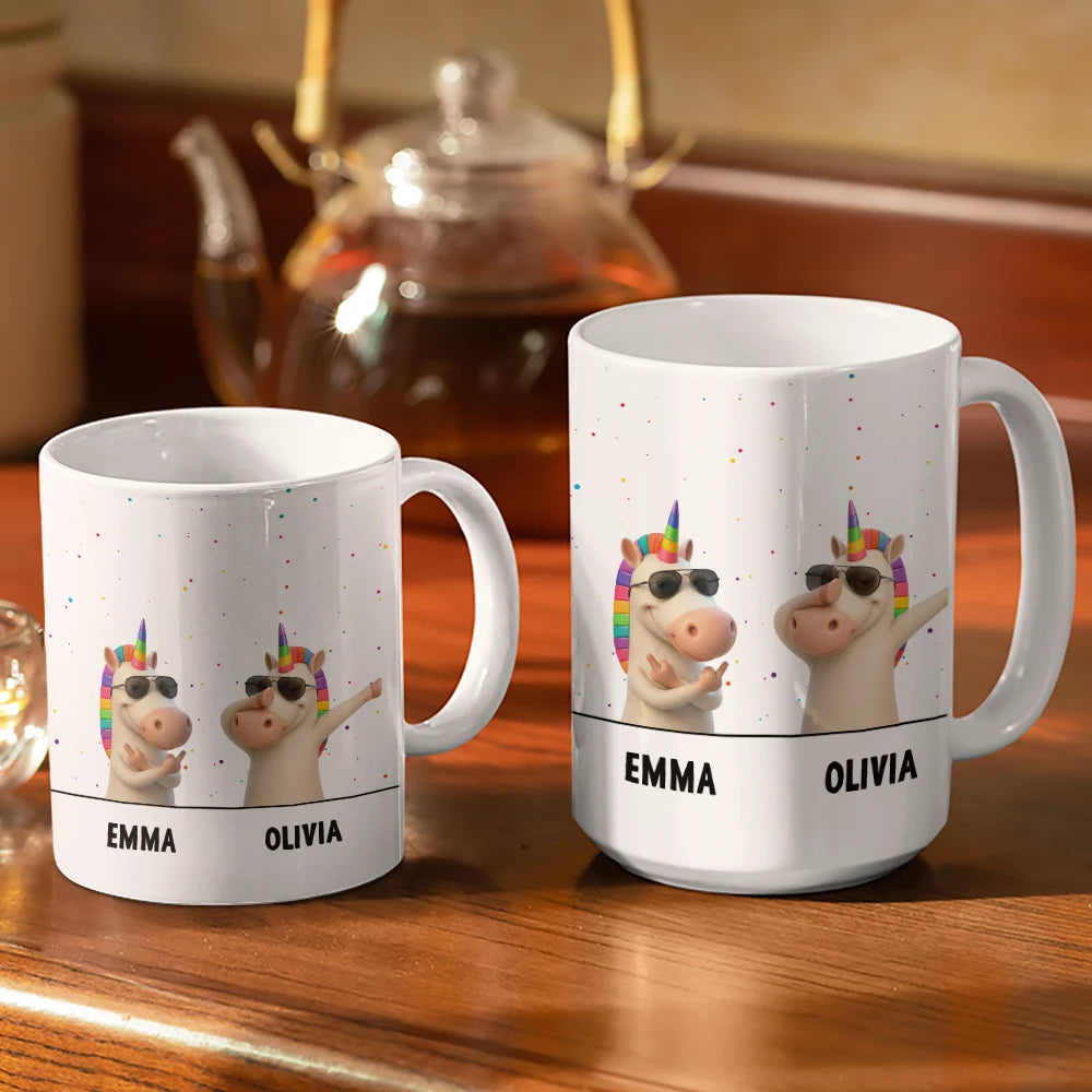 Gift For Bestie, Funny - Funny Bestie Unicorn We're Full Of Sarcasm & Profanity - Personalized White Edge-to-Edge Mug 