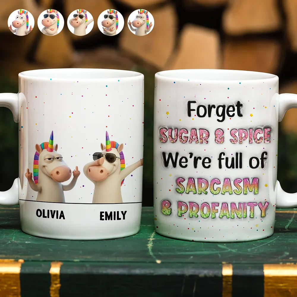 Funny Bestie Unicorn We're Full Of Sarcasm & Profanity - Personalized White Edge-to-Edge Mug