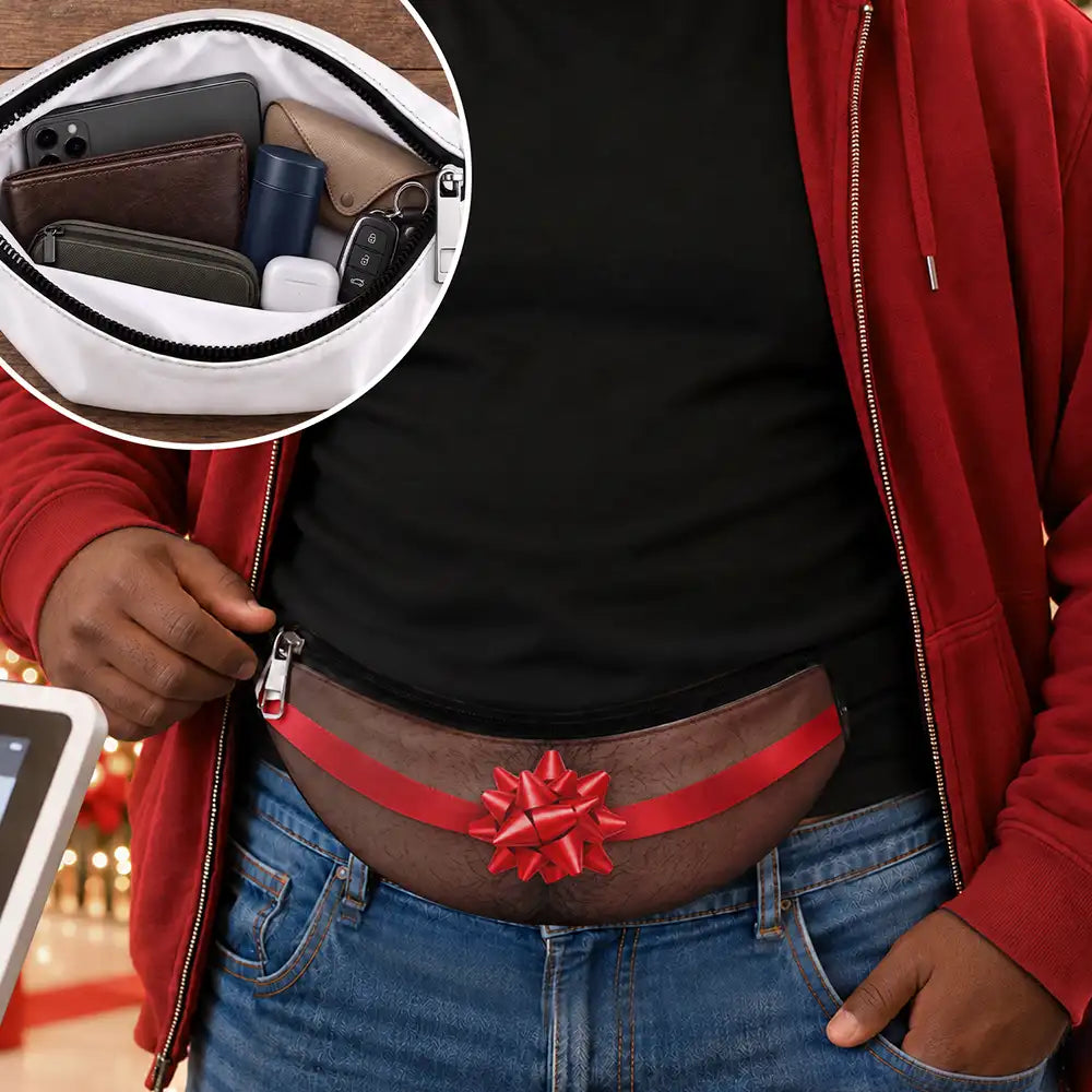 Christmas,Gift For Couples,Gift For Him,Gift For Husband,Sarcastic,Vector - Funny Christmas Dad Bod For Husband, Travel Gag Gift - Personalized 3D Realistic Hairy Beer Belly Fanny Pack