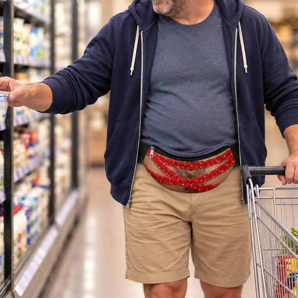 Christmas,Gift For Couples,Gift For Him,Gift For Husband,Sarcastic,Vector - Funny Christmas Dad Bod For Husband, Travel Gag Gift - Personalized 3D Realistic Hairy Beer Belly Fanny Pack