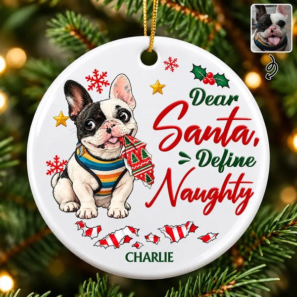 Art Design, Christmas, Custom Photo, Dog Lovers, Humorous, Indoor Decor, Pet Lovers, Photo - Whimsical Cartoon Pet, Top Market - Funny Christmas Gift For Dog Lovers - Personalized Custom Photo Dear Santa Define Naughty Circle Ceramic Ornament