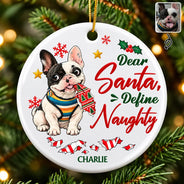 Art Design, Christmas, Custom Photo, Dog Lovers, Humorous, Indoor Decor, Pet Lovers, Photo - Whimsical Cartoon Pet, Top Market - Funny Christmas Gift For Dog Lovers - Personalized Custom Photo Dear Santa Define Naughty Circle Ceramic Ornament