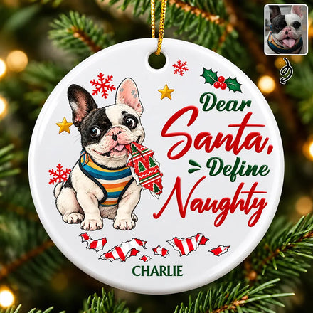 Funny Christmas Gift For Dog Lovers - Personalized Custom Photo Dear Santa Define Naughty Circle Ceramic Ornament