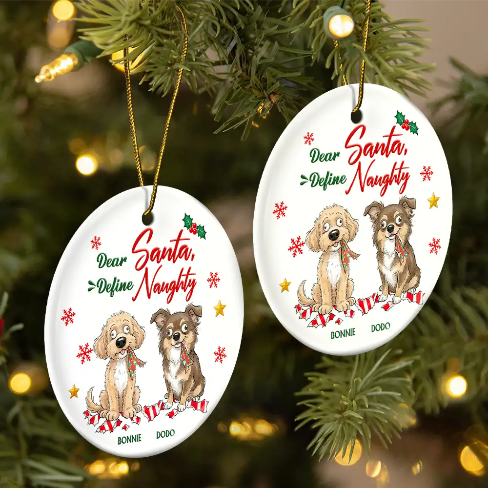 Art Design, Christmas, Custom Photo, Dog Lovers, Humorous, Indoor Decor, Pet Lovers, Photo - Whimsical Cartoon Pet, Top Market - Funny Christmas Gift For Dog Lovers - Personalized Custom Photo Dear Santa Define Naughty Circle Ceramic Ornament