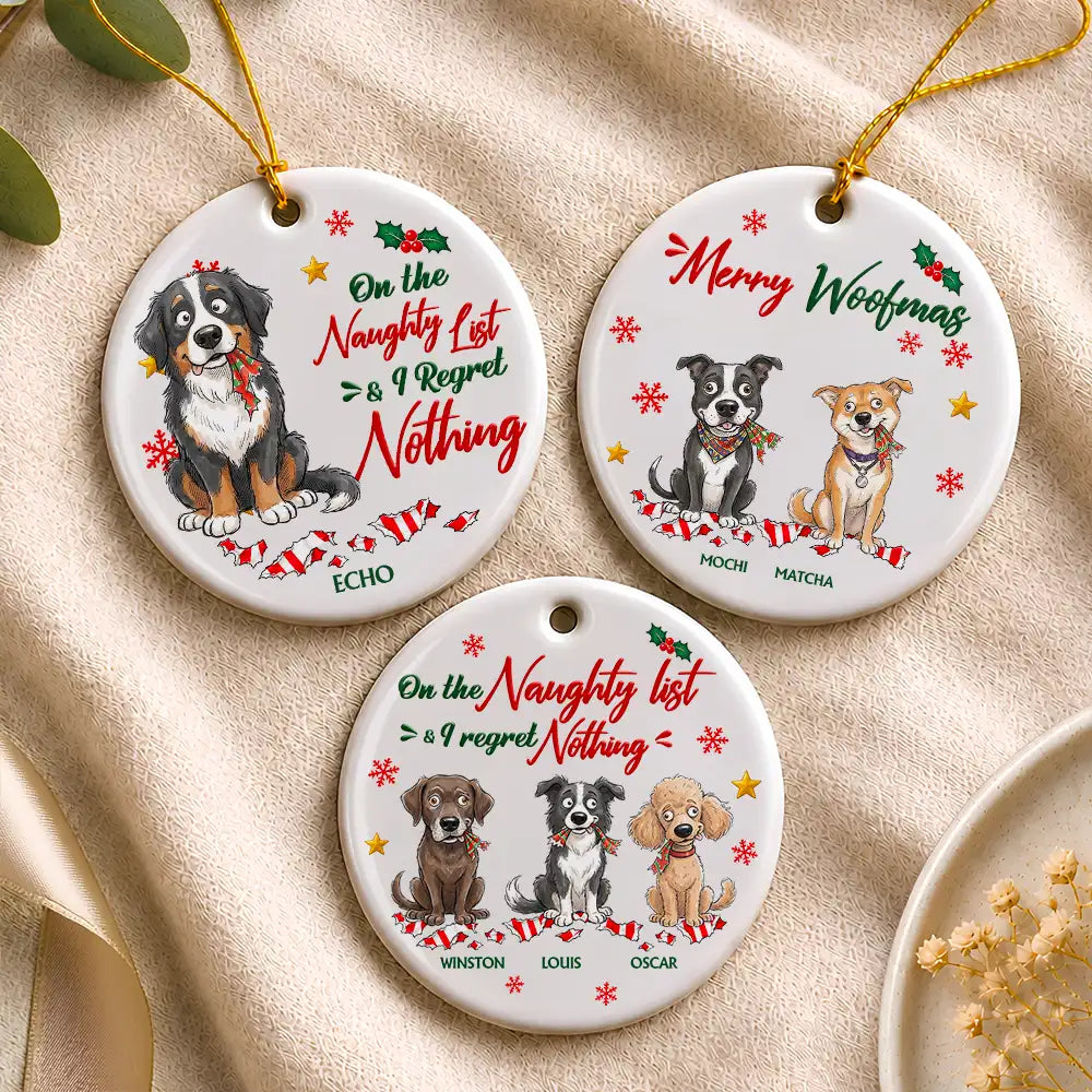 Art Design, Christmas, Custom Photo, Dog Lovers, Humorous, Indoor Decor, Pet Lovers, Photo - Whimsical Cartoon Pet, Top Market - Funny Christmas Gift For Dog Lovers - Personalized Custom Photo Dear Santa Define Naughty Circle Ceramic Ornament