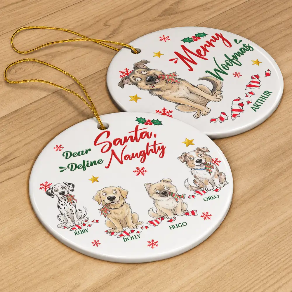 Art Design, Christmas, Custom Photo, Dog Lovers, Humorous, Indoor Decor, Pet Lovers, Photo - Whimsical Cartoon Pet, Top Market - Funny Christmas Gift For Dog Lovers - Personalized Custom Photo Dear Santa Define Naughty Circle Ceramic Ornament