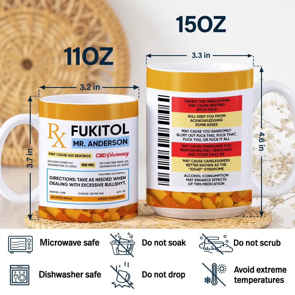 Gift For Women, Gift For Men, Gifts For Colleagues, Funny, Top Market - Funny Fukitol Rx Prescription - Personalized White Edge-to-Edge Mug