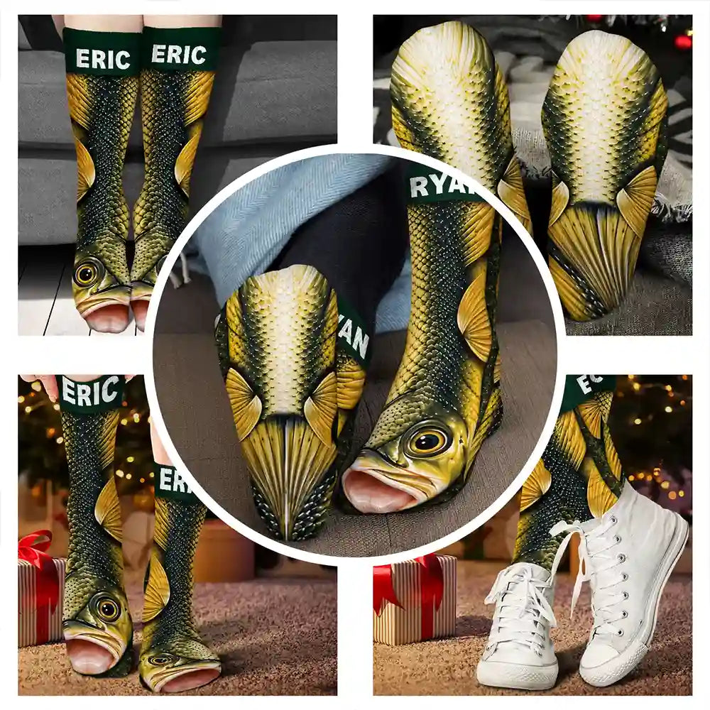 Fishing,Gift For Men,Gift For Yourself,Gifts For Him,Humorous,Icon - Funny Gag Gift For Fisherman Husband Son - Personalized Fish Illusion Socks