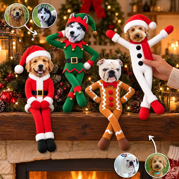 Art Design,Christmas,Custom Photo,Dog Lovers,Humorous,Pet Lovers,Photo - Christmas Pet Poseable Body Doll,Top Market - Funny Gift For Dog Mom, Dad, Cat Lover - Personalized Christmas Pet Costume Santa Gingerbread Elf Poseable Plush Doll