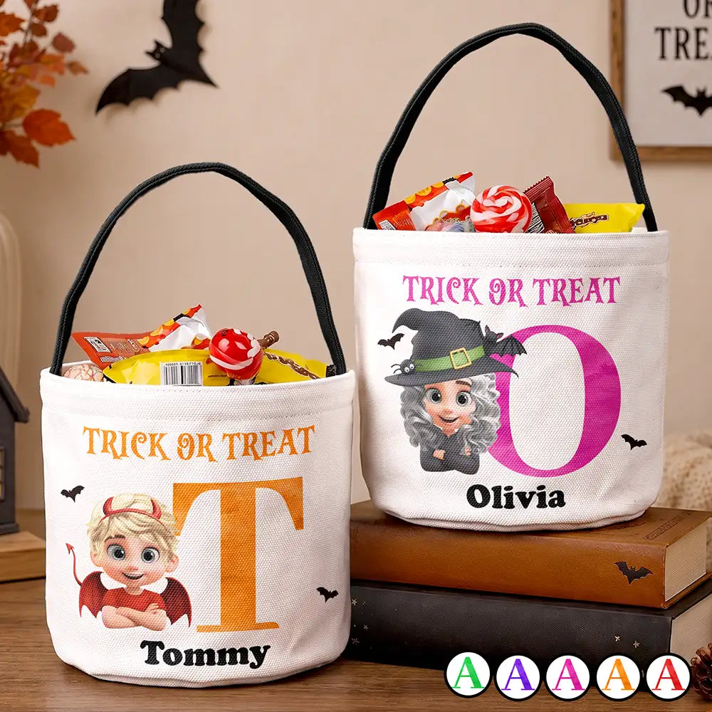 Adorable,Halloween,Gift For Kids,Vector - Funny Kid Costume Portrait With Name - Personalized Trick Or Treat Bag