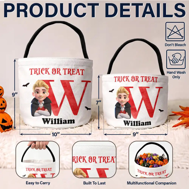 Adorable,Halloween,Gift For Kids,Vector - Funny Kid Costume Portrait With Name - Personalized Trick Or Treat Bag