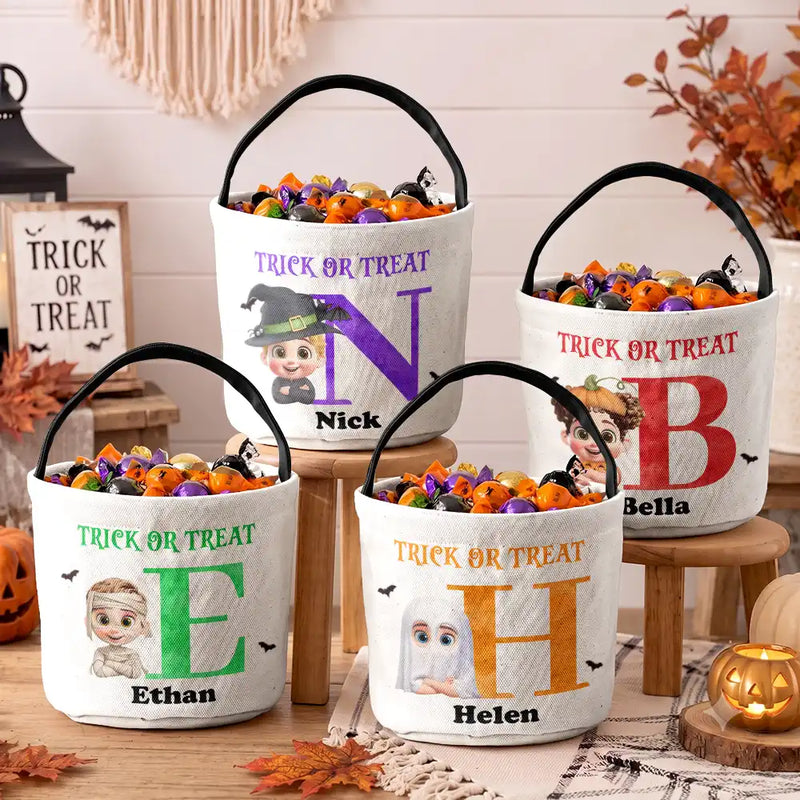 Adorable,Halloween,Gift For Kids,Vector - Funny Kid Costume Portrait With Name - Personalized Trick Or Treat Bag