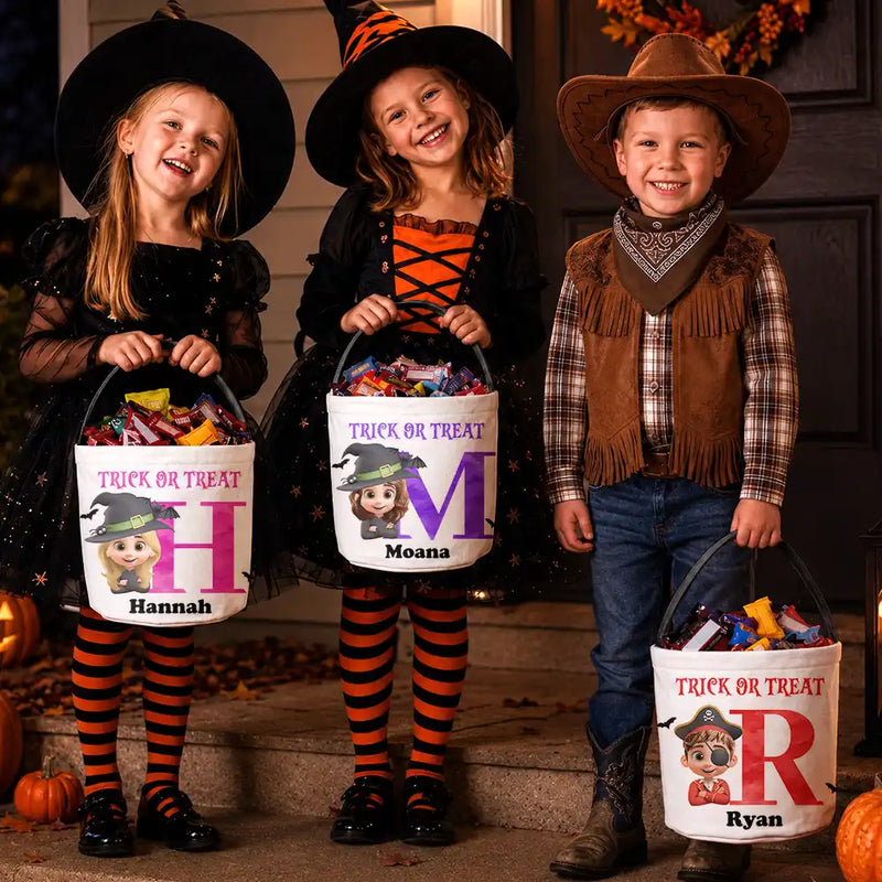 Adorable,Halloween,Gift For Kids,Vector - Funny Kid Costume Portrait With Name - Personalized Trick Or Treat Bag
