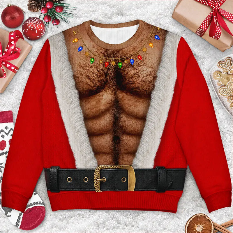 Top Market,Christmas,Humorous,Gift For Men,Gift For Yourself,Icon - Funny Santa Abs Belly Body For Husband Dad Grandpa - Personalized Unisex Ugly Sweater