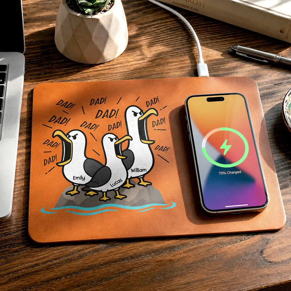 Gift For Grandpa,Gift For Father,Dad - Children,Grandpa - Grandkids,Mom - Children,Gift For Mother,Teacher,Non-Eng,Icon,Humorous - Funny Screaming Seagull - Personalized Leather Charging Mat