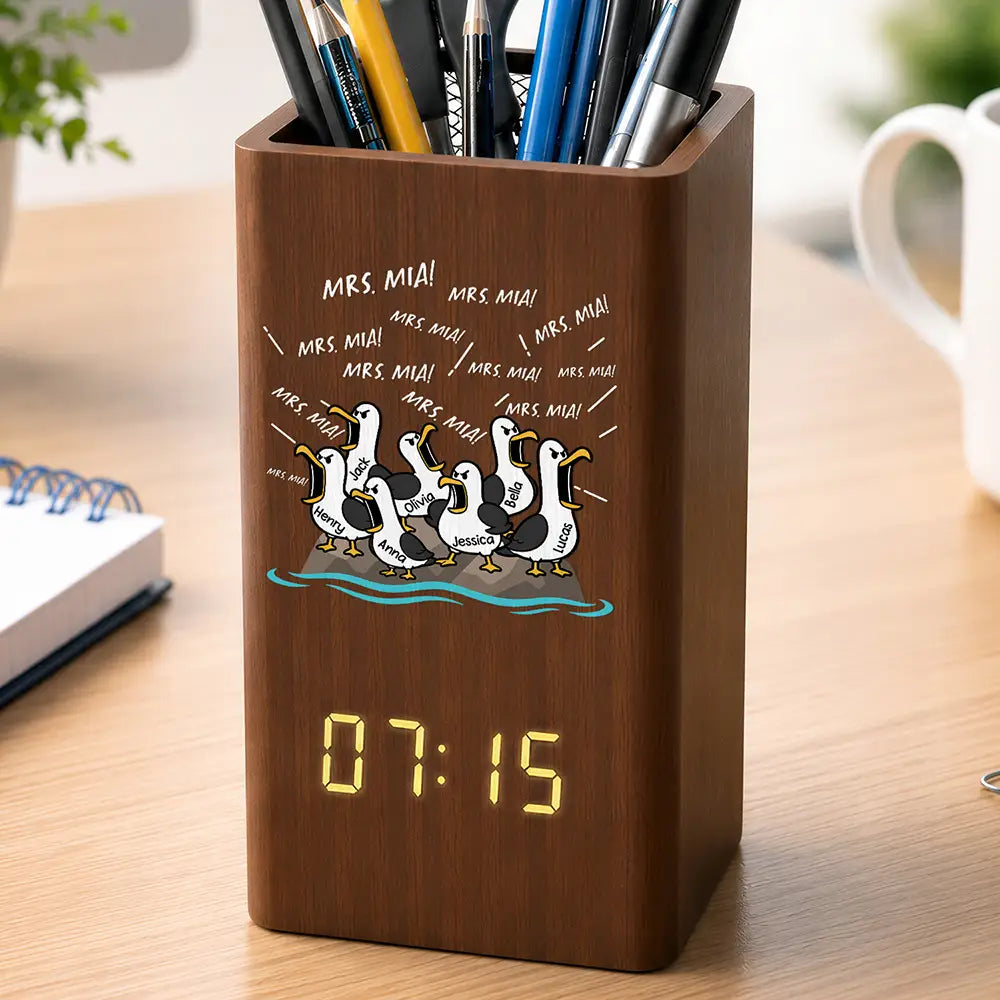 Teacher, Humorous, Back To School, Icon - Funny Screaming Seagull - Personalized Pen Holder With Clock
