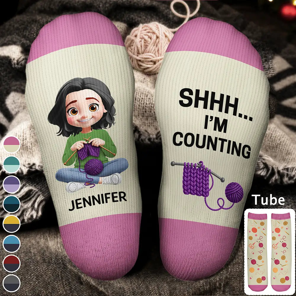 Crocheting,Cozy,Gift For Yourself,Gift For Women,Vector - Funny Shhh I'm Counting For Crochet Knitting Lovers - Personalized Socks
