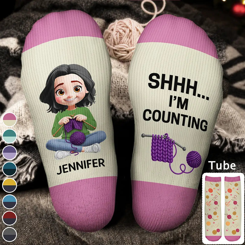 Crocheting,Cozy,Gift For Yourself,Gift For Women,Vector - Funny Shhh I'm Counting For Crochet Knitting Lovers - Personalized Socks