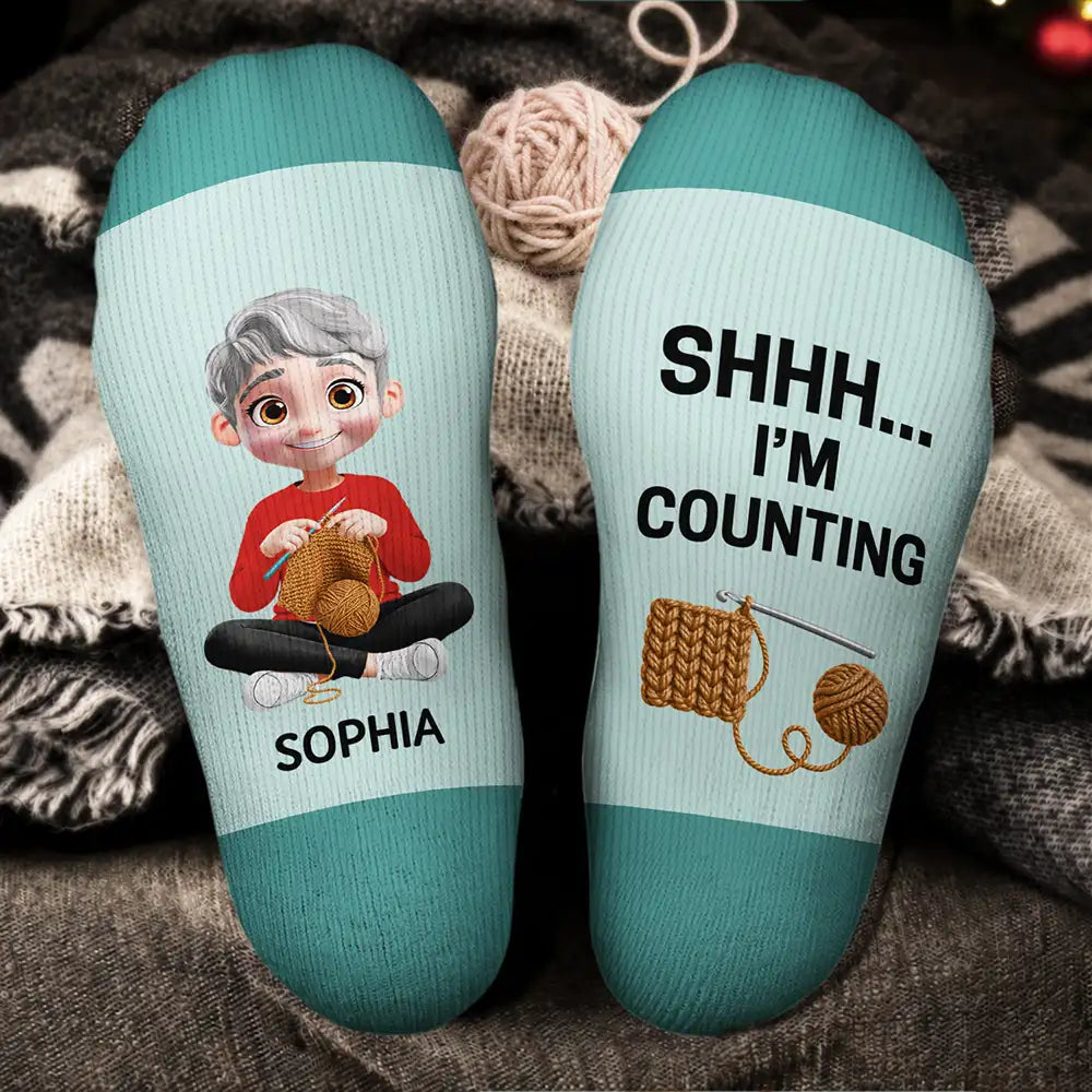 Crocheting,Cozy,Gift For Yourself,Gift For Women,Vector - Funny Shhh I'm Counting For Crochet Knitting Lovers - Personalized Socks