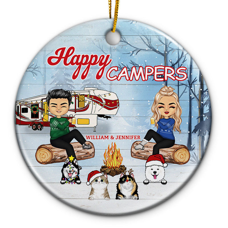 Christmas Camping Pet Lovers Couple Happy Campers - Personalized Custom Circle Ceramic Ornament