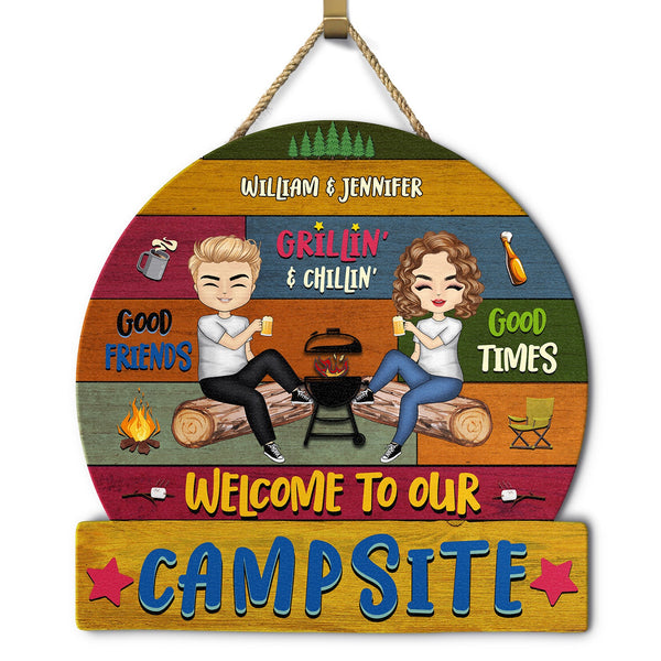 Camping Couple Welcome To Our Campsite - Gift For Camping Couple - Personalized Custom Shaped Wood Sign