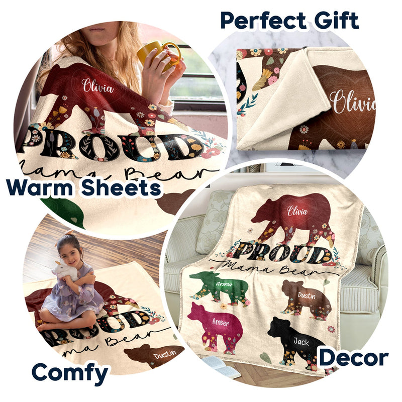 Proud Mama Bear - Gift For Mother - Personalized Fleece Blanket, Sherpa Blanket