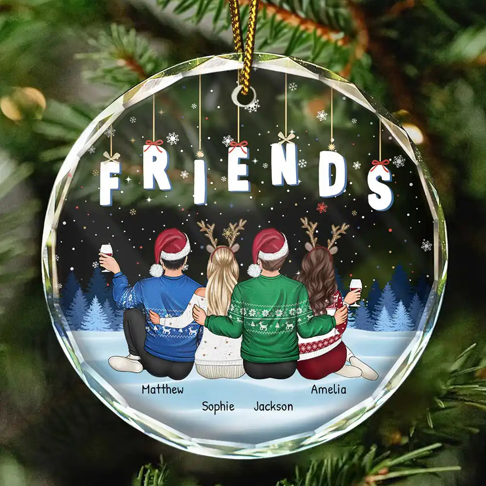 Christmas,Gift For Bestie,Gift For Sisters,Gift For Brothers,Gift For Sibling,Happy - Friends Besties Sisters Brothers Sitting Together - Personalized Circle Glass Ornament