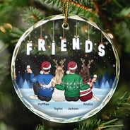 Christmas,Gift For Bestie,Gift For Sisters,Gift For Brothers,Gift For Sibling,Happy - Friends Besties Sisters Brothers Sitting Together - Personalized Circle Glass Ornament