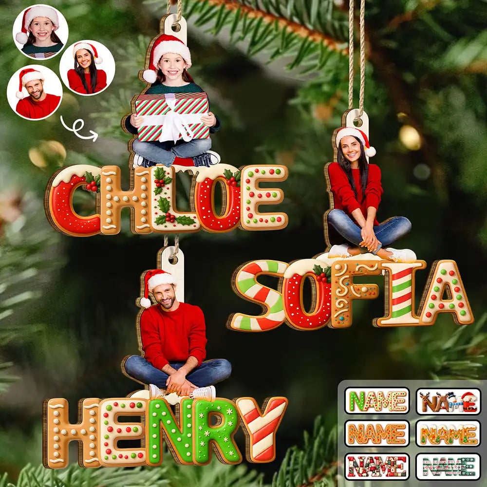 Custom Photo Christmas Pattern Effects With Names - Personalized Custom Shaped Wooden Ornament