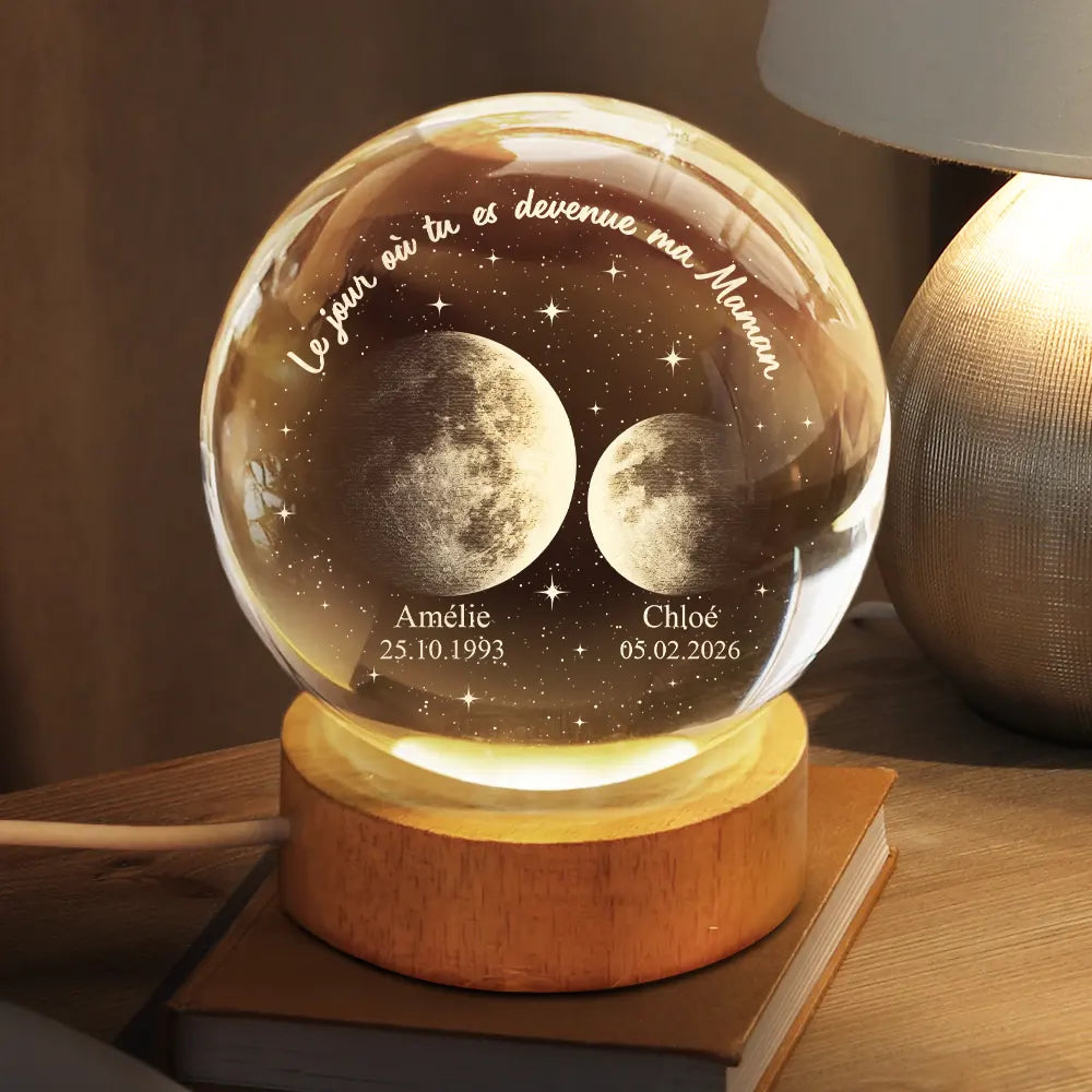 Gift For Wife,Parents,Gift For Yourself,Gift For Women,Gift For Mother,French,New Mom,New baby,Non-Eng,Moon Phase,Grateful - Phase De Lune On T’aime Jusqu’à La Lune Et En Retour - Lampe Boule En Cristal Personnalisée