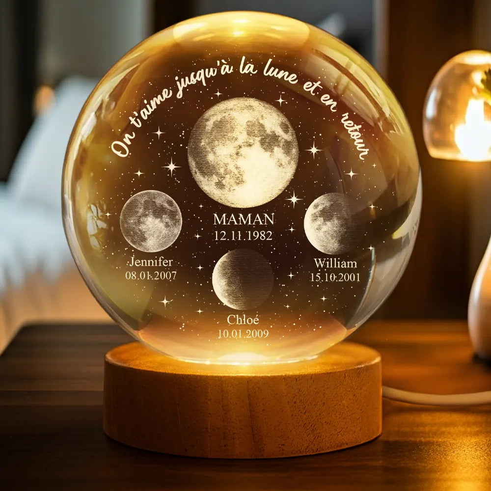 Gift For Wife,Parents,Gift For Yourself,Gift For Women,Gift For Mother,French,New Mom,New baby,Non-Eng,Moon Phase,Grateful - Phase De Lune On T’aime Jusqu’à La Lune Et En Retour - Lampe Boule En Cristal Personnalisée