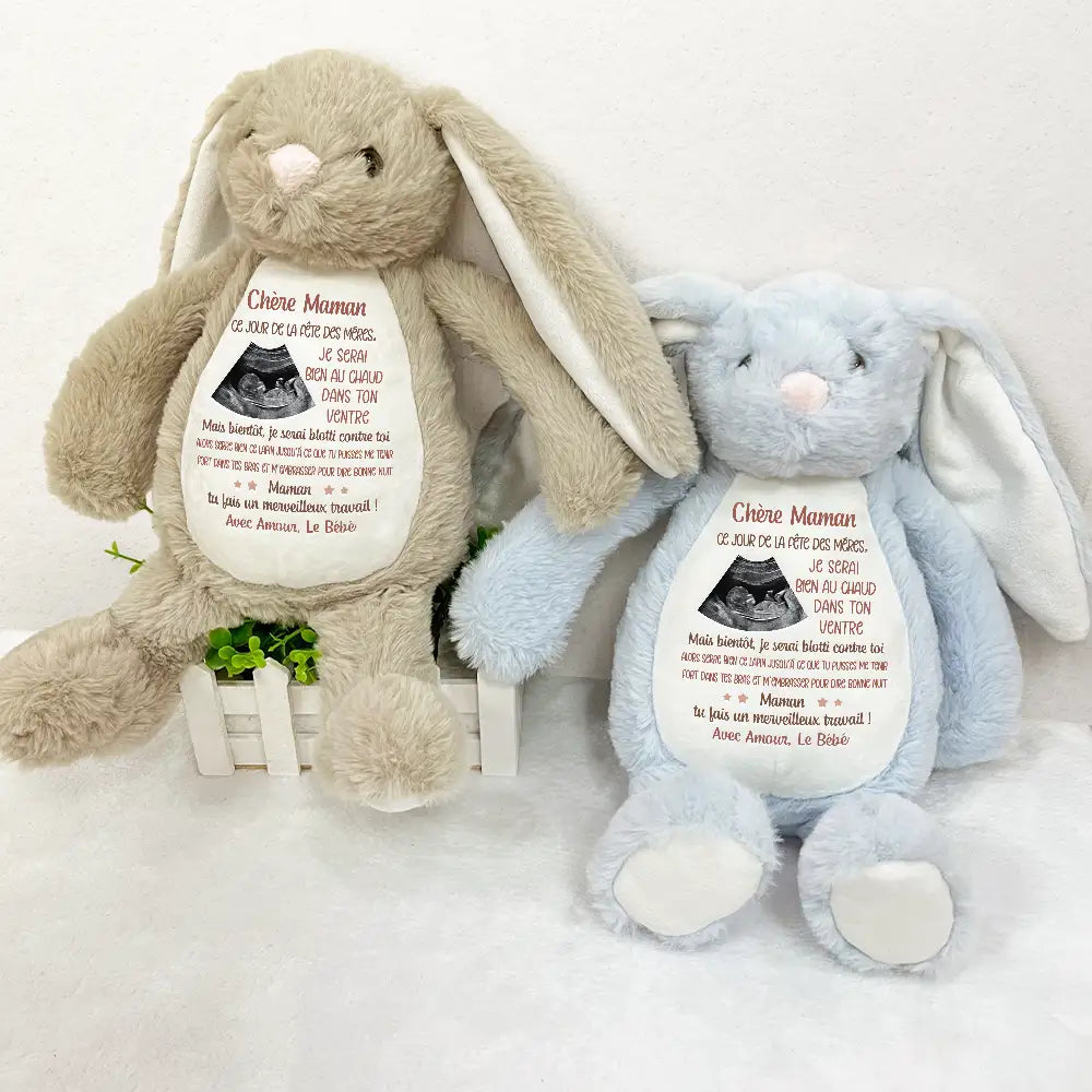 Gift For Wife,Gift For Yourself,Gift For Women,Parents,Gift For Mother,New Mom,Pregnant Mom,French,Non-Eng,Photo,Adorable - Photo Personnalisable Bien Au Chaud - Pour Future Maman - Peluche Lapin Personnalisée