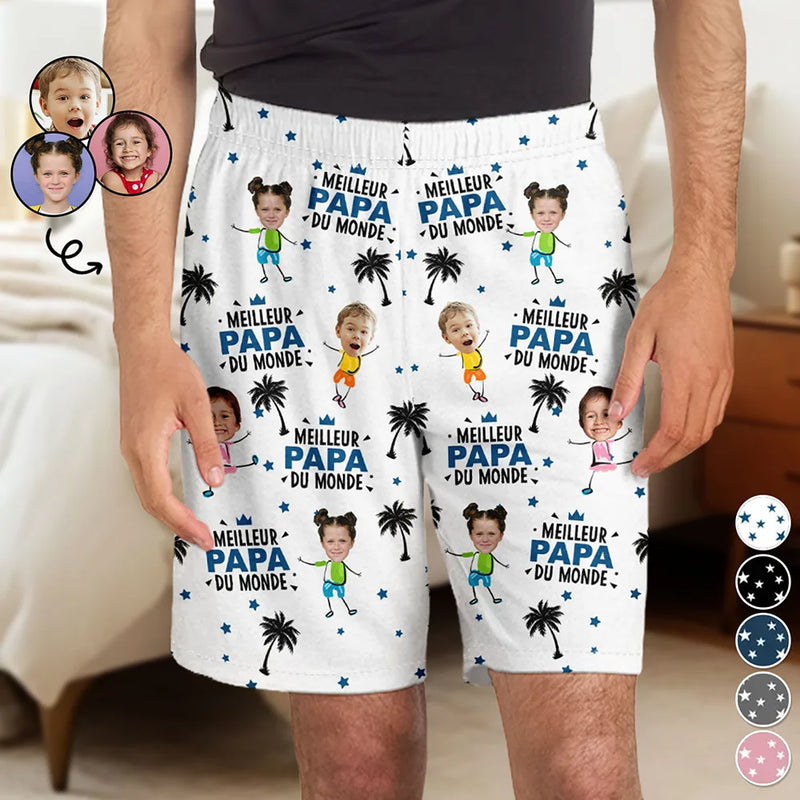 Gift For Husband,Parents,Gift For Yourself,Gift For Men,Gift For Grandpa,Gift For Father,French,Custom Photo,Happy,Gift For Grandparents,Non-Eng,Photo,Icon,Playful - Photo Personnalisable Meilleur Papa Du Monde - Short De Pyjama Personnalisé