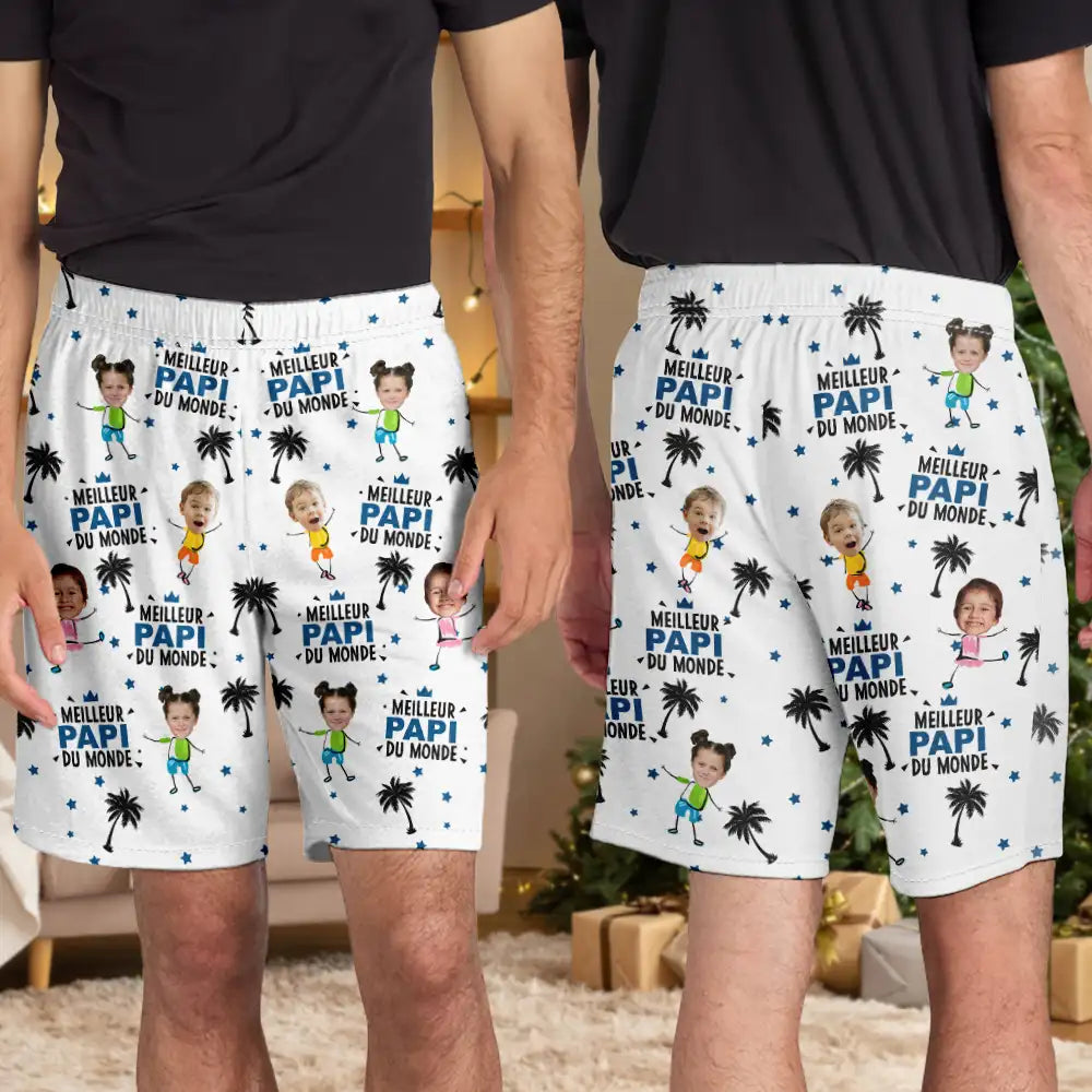 Gift For Husband,Parents,Gift For Yourself,Gift For Men,Gift For Grandpa,Gift For Father,French,Custom Photo,Happy,Gift For Grandparents,Non-Eng,Photo,Icon,Playful - Photo Personnalisable Meilleur Papa Du Monde - Short De Pyjama Personnalisé