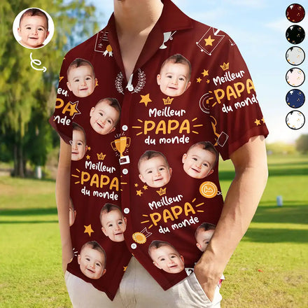 Photo Personnalisable Meilleur Papa Du Monde Motif Trophée - Chemise Hawaïenne Personnalisée