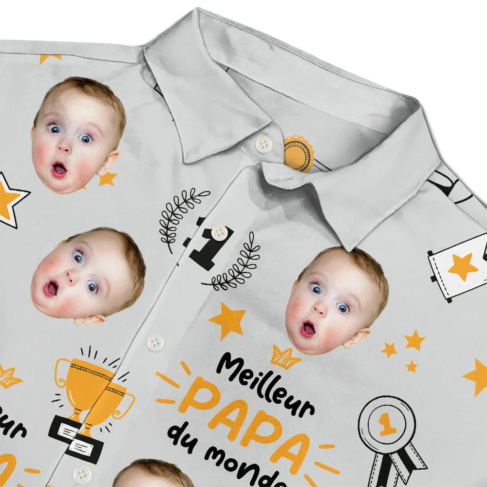 Gift For Father,Custom Photo,French,Non-Eng,Proud,Cut-Face Photo - Photo Personnalisable Meilleur Papa Du Monde Motif Trophée - Chemise Hawaïenne Personnalisée