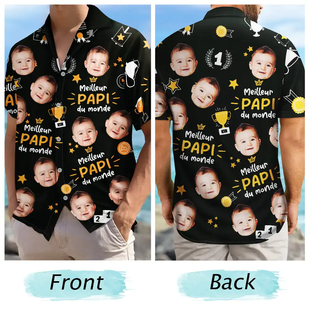 Gift For Father,Custom Photo,French,Non-Eng,Proud,Cut-Face Photo - Photo Personnalisable Meilleur Papa Du Monde Motif Trophée - Chemise Hawaïenne Personnalisée