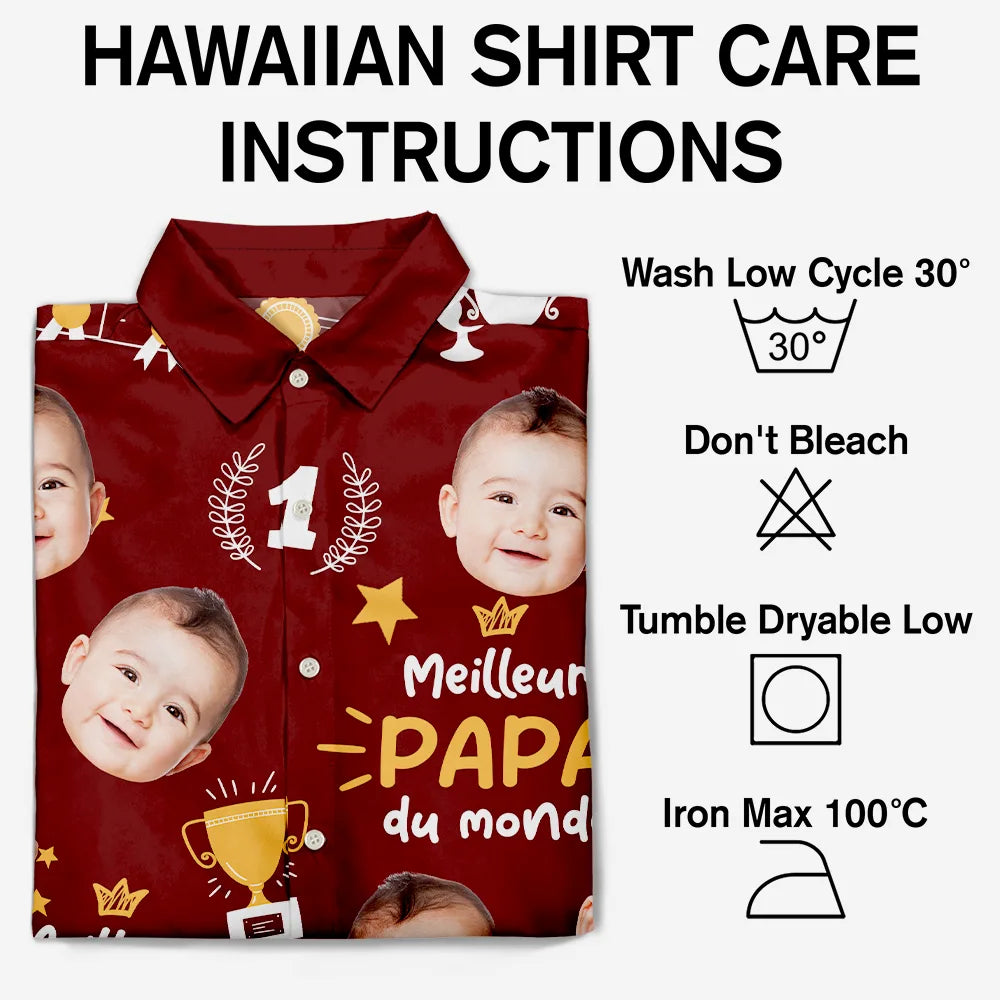Gift For Father,Custom Photo,French,Non-Eng,Proud,Cut-Face Photo - Photo Personnalisable Meilleur Papa Du Monde Motif Trophée - Chemise Hawaïenne Personnalisée