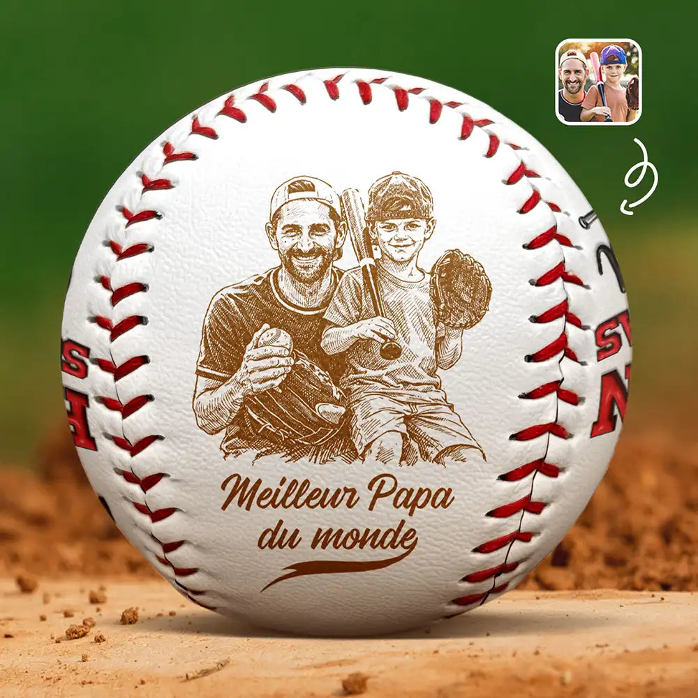 Baseball,Custom Photo,Art Design,French,Gift For Father,Sport Dad,Non-Eng,Proud,Photo - Pencil Sketch - Remove BG - Photo Personnalisée Croquis Au Crayon Meilleur Papa Du Monde - Baseball, Softball Personnalisés
