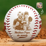 Baseball,Custom Photo,Art Design,French,Gift For Father,Sport Dad,Non-Eng,Proud,Photo - Pencil Sketch - Remove BG - Photo Personnalisée Croquis Au Crayon Meilleur Papa Du Monde - Baseball, Softball Personnalisés
