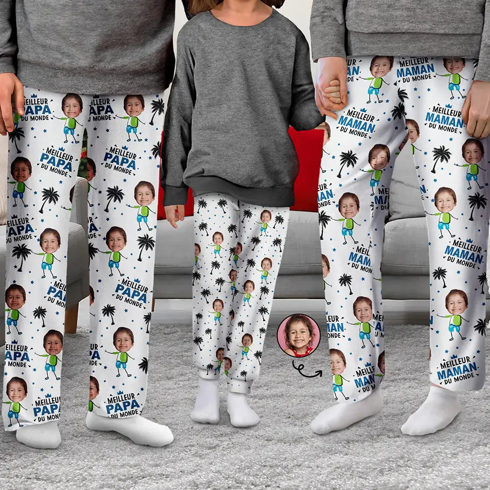 Custom Photo,French,Family,Non-Eng,Playful,Cut-Face Photo - Photo Personnalisable Meilleur Papa Maman Du Monde - Pantalon De Pyjama Personnalisé Pour Enfant