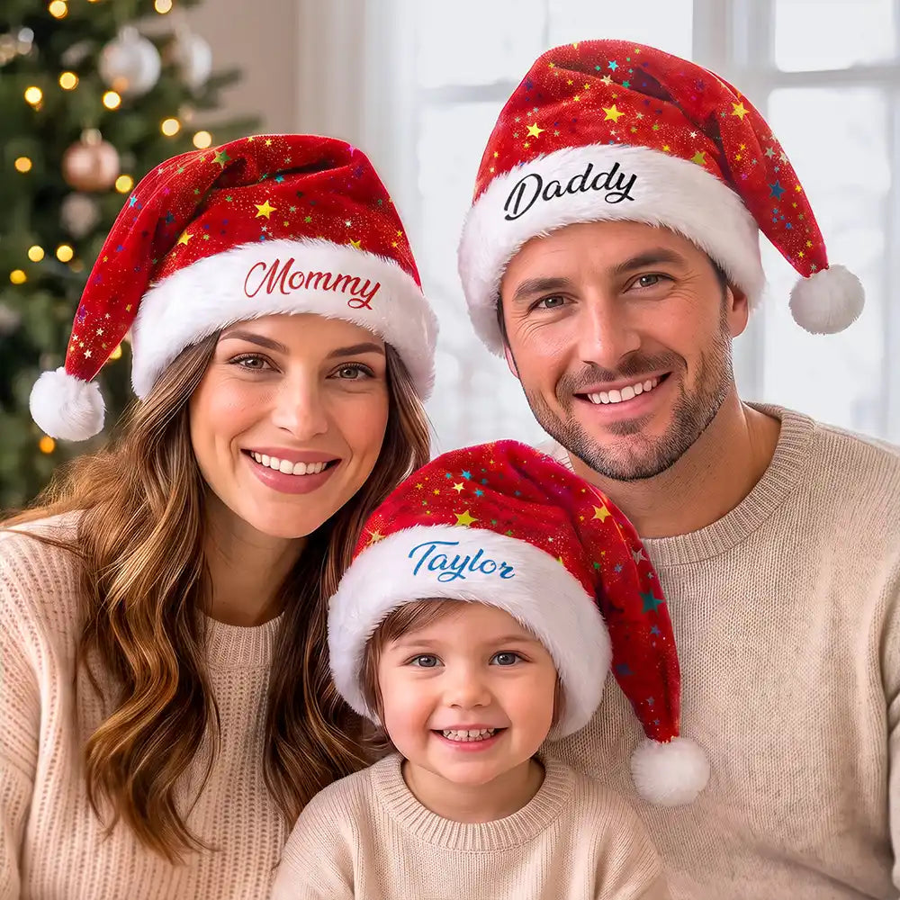 Christmas,Custom Text,Family,Happy - Christmas Party Gift For Family, Best Friend, Brother, Sister - Personalized Glitter Effect Santa Hat
