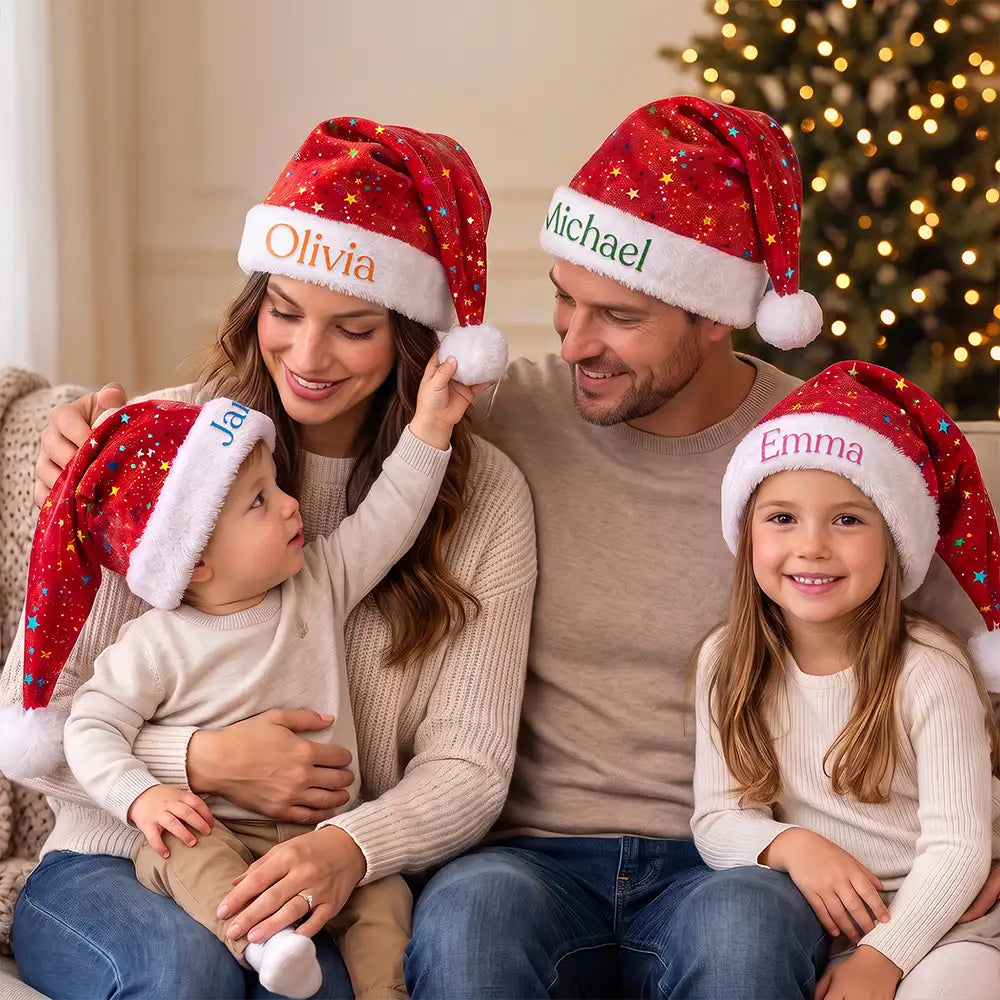 Christmas,Custom Text,Family,Happy - Christmas Party Gift For Family, Best Friend, Brother, Sister - Personalized Glitter Effect Santa Hat