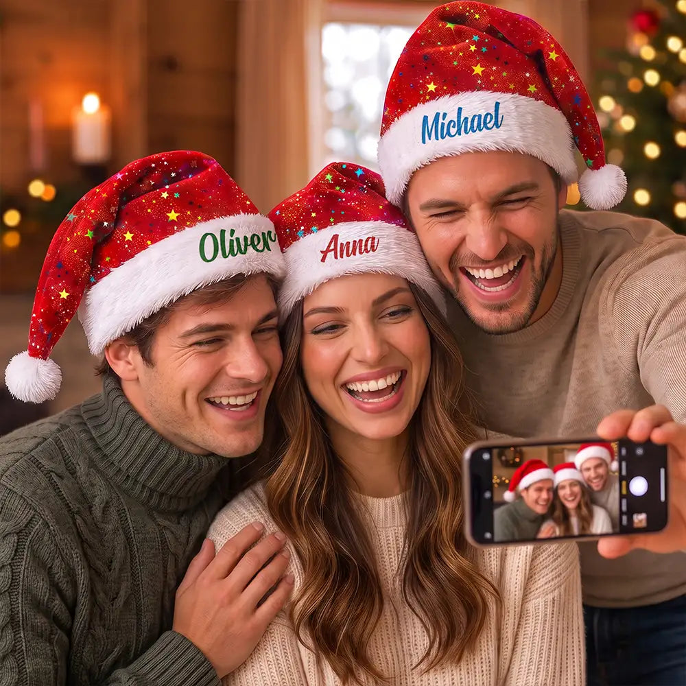 Christmas,Custom Text,Family,Happy - Christmas Party Gift For Family, Best Friend, Brother, Sister - Personalized Glitter Effect Santa Hat