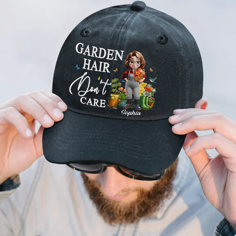 Gardening, Gift For Women, Happy, Gift For Yourself - Garden Hair Don't Care - Personalized Vintage Washed Denim Cap