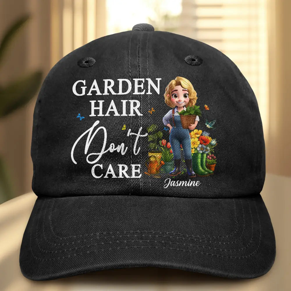 Gardening, Gift For Women, Happy, Gift For Yourself - Garden Hair Don't Care - Personalized Vintage Washed Denim Cap