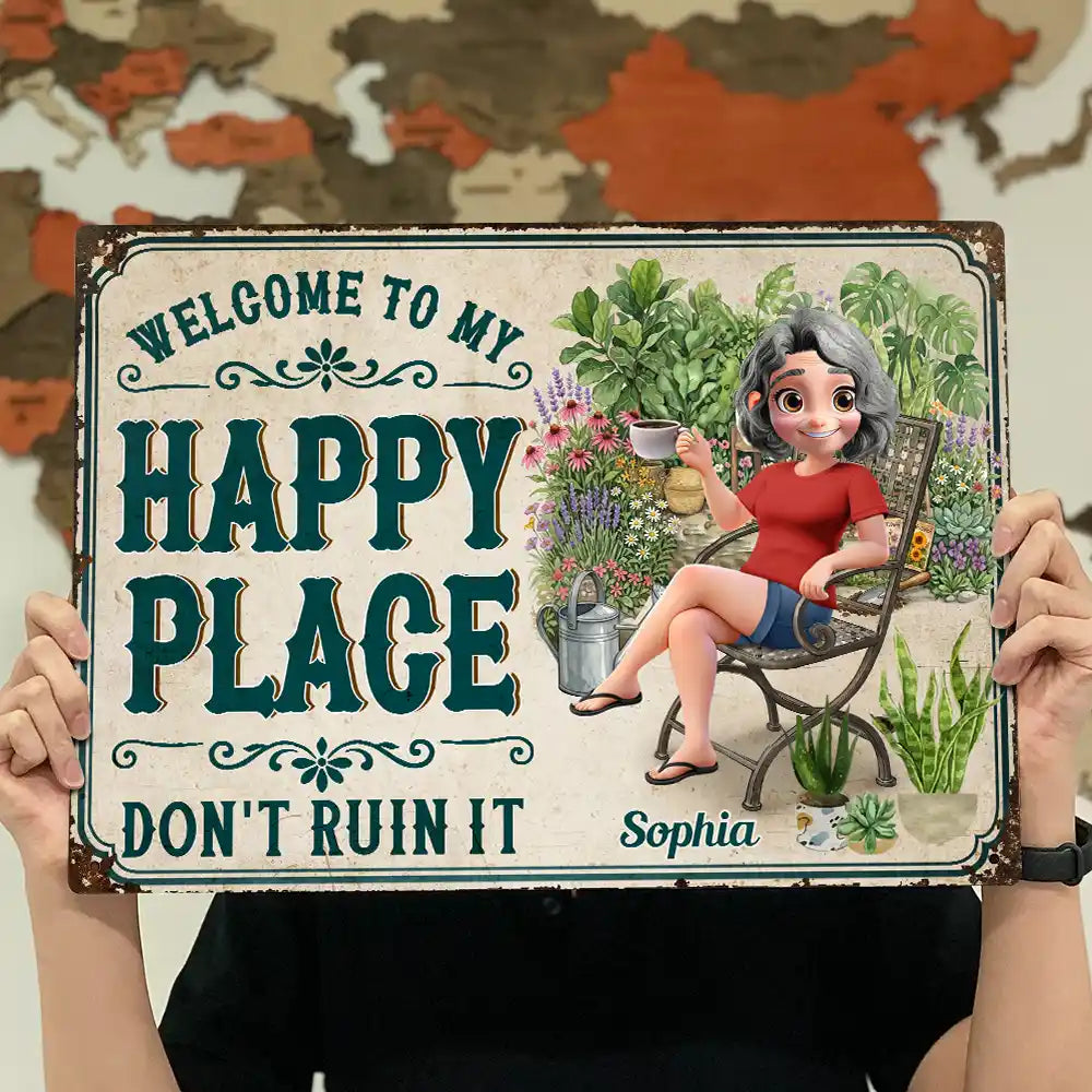 Gardening, Gift For Yourself, Gift For Women, Summer, Adorable, Vector - Gardening My Happy Place - Personalized Classic Metal Signs