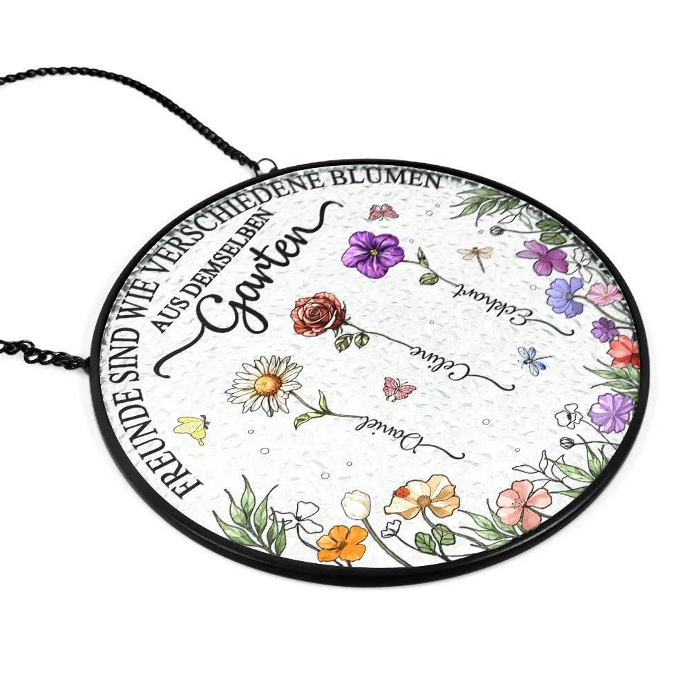 German,Non-Eng - Geburtsblumen Schwestern Besties Aus Demselben Garten - Personalisierter Buntglas-Fenster-Sonnenfänger Zum Aufhängen