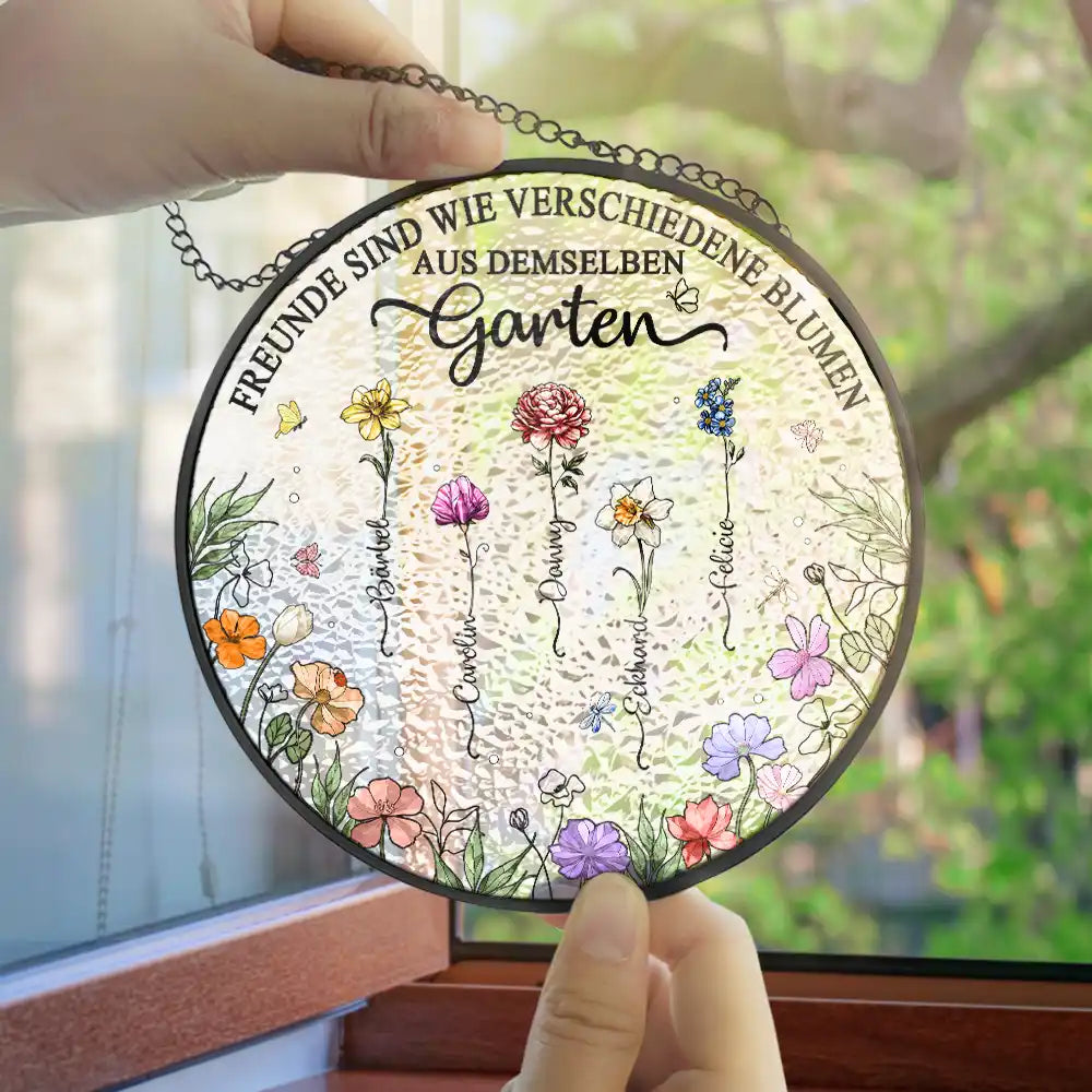 German,Non-Eng - Geburtsblumen Schwestern Besties Aus Demselben Garten - Personalisierter Buntglas-Fenster-Sonnenfänger Zum Aufhängen